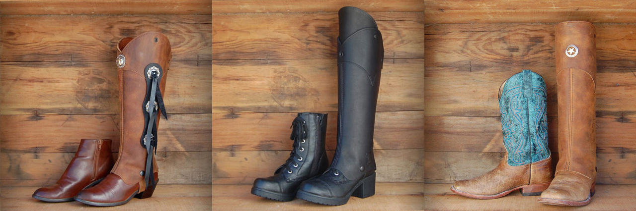Black Leather Half Chaps, Brown Leather Half Chaps, Light Brown Leather Half Chaps over Cowboy Boots